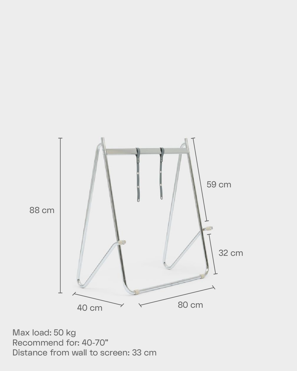 Dimension diagram of Bloom in Powder Blue Stands Low chrome TV stand, showing 88 cm height, 80 cm width, 40 cm depth