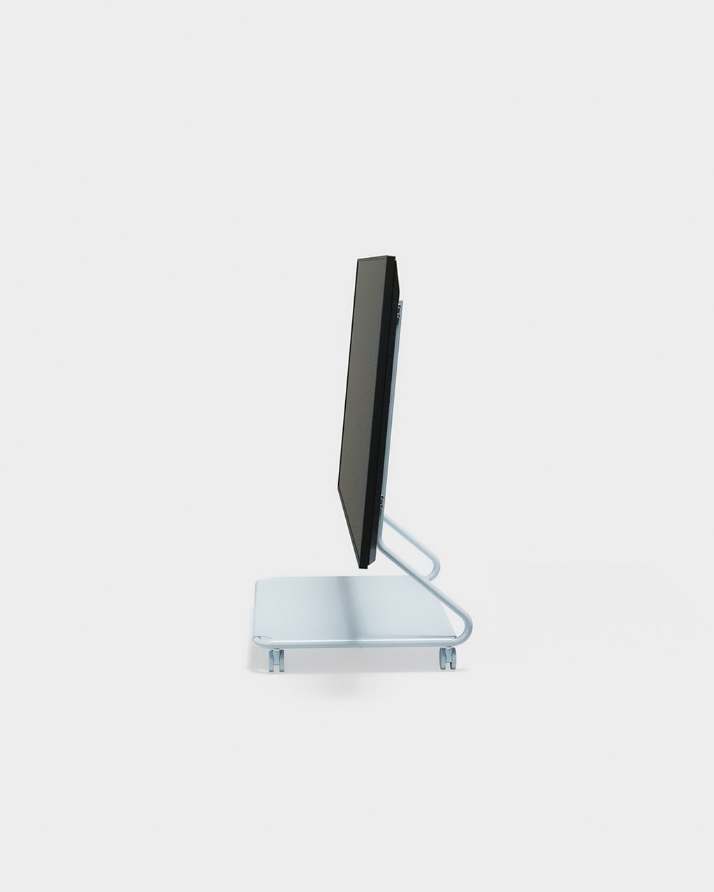 Side profile studio shot of the Disco stand in powder blue with mounted flat-screen TV, tubular frame and wheels