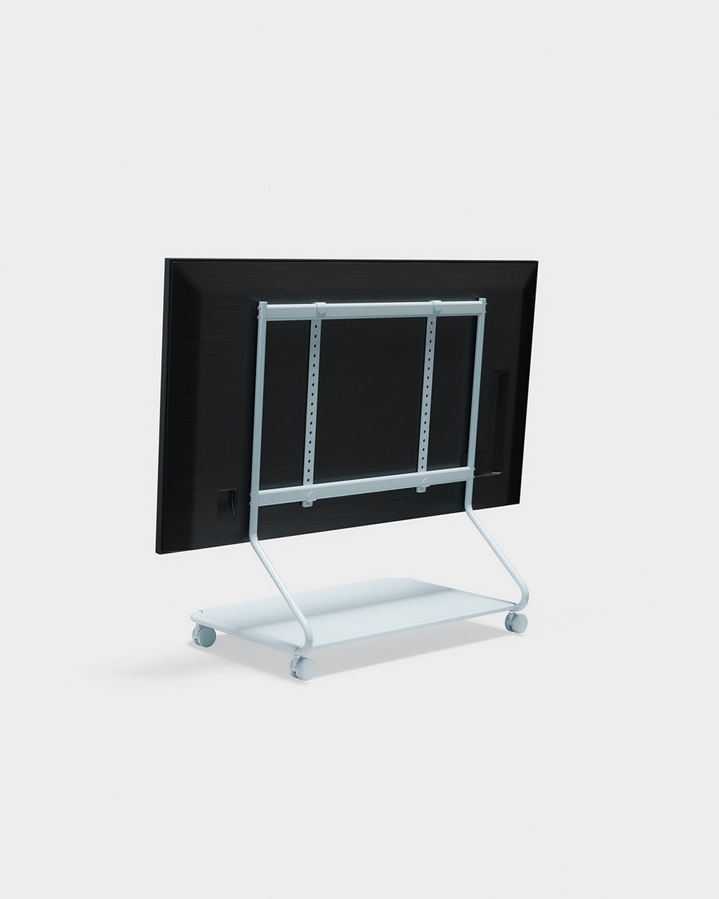 Rear angle studio view of Disco stand in powder blue with mounted flat-screen TV, VESA bracket and caster wheels