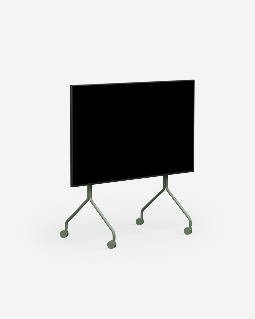 Moon in Mossy Green rolling TV stand shown at an angle in a studio packshot with mounted display and lockable wheels