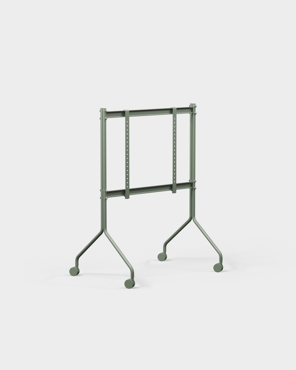 Moon in Mossy Green rolling TV stand, three-quarter studio view showing adjustable mount bars and four casters