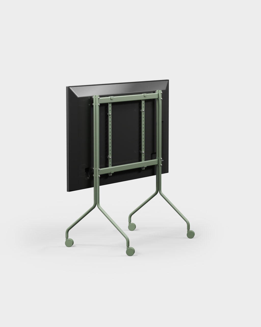 Rear three-quarter studio view of Moon in Mossy Green rolling TV stand, showing mount brackets, tube legs and wheels
