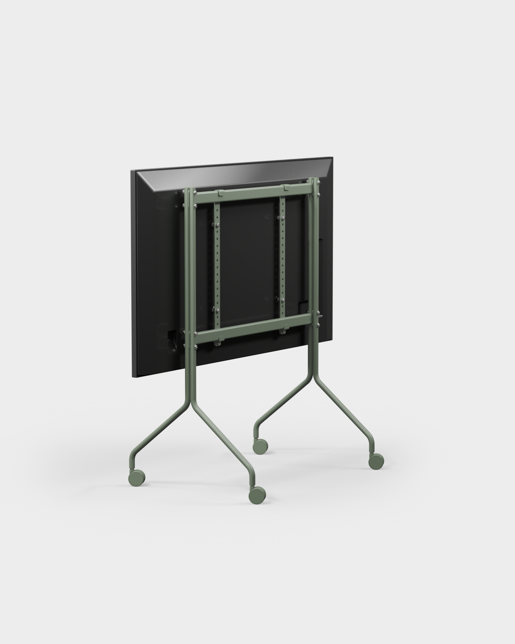 Rear three-quarter studio view of Moon in Mossy Green TV stand with wheels, showing mount brackets and folded frame