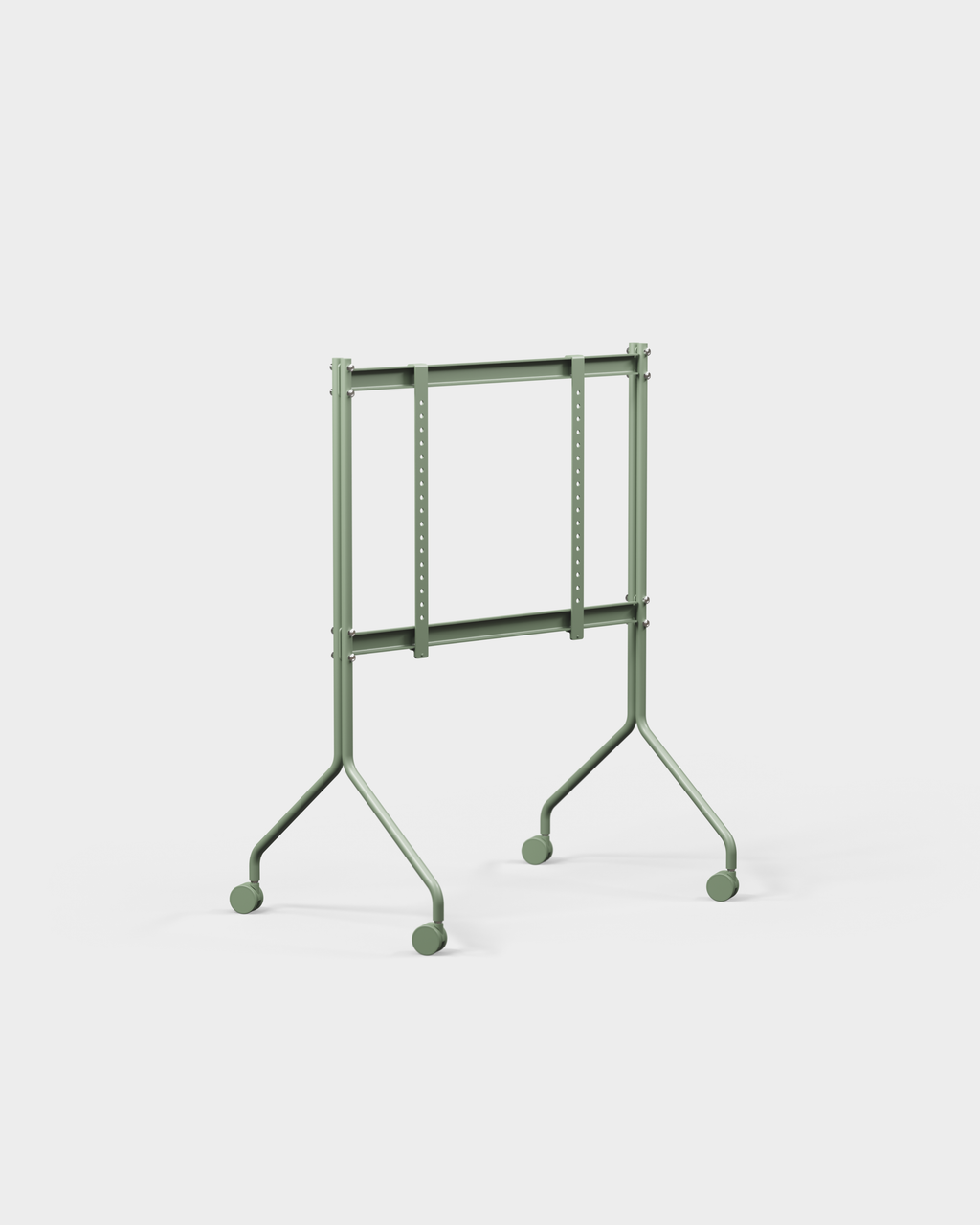 Moon in Mossy Green rolling TV stand, studio packshot at an angle showing adjustable mount bars and caster wheels