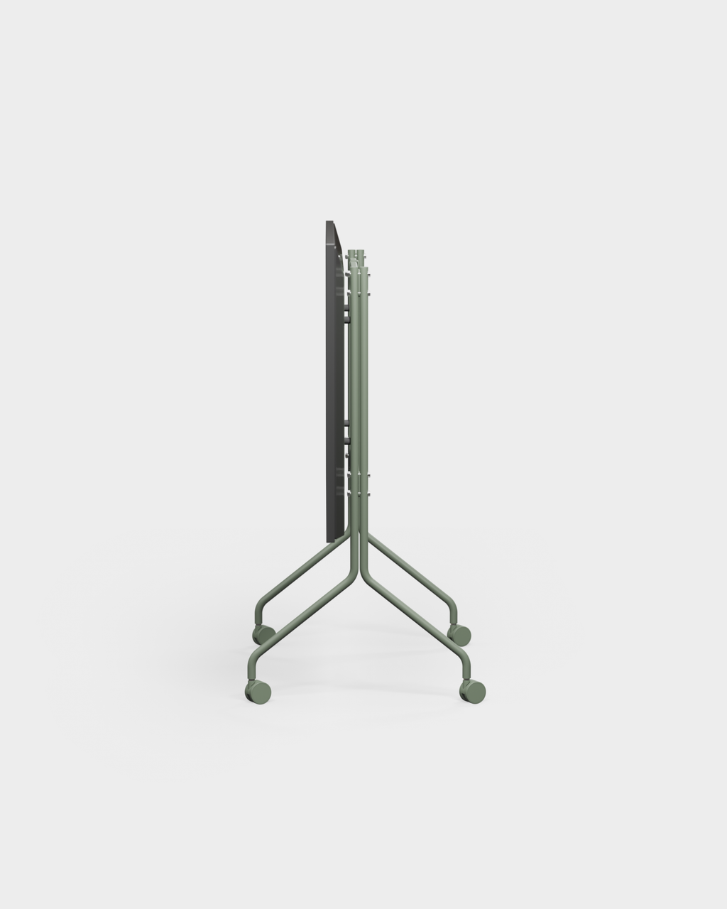Side profile of the Moon in Mossy Green stand folded flat with wheels, studio packshot on light gray background