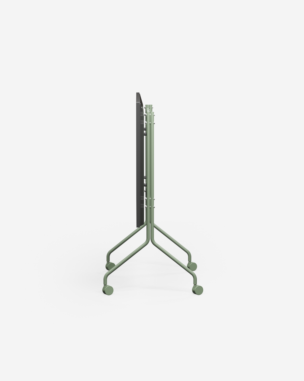 Side profile studio packshot of the Moon in Mossy Green stand folded flat, showing slim tube legs and four wheels