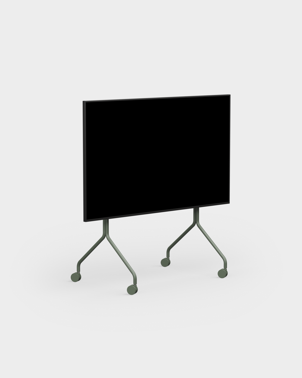 Moon in Mossy Green rolling TV stand with mounted display, angled studio packshot showing splayed legs and casters