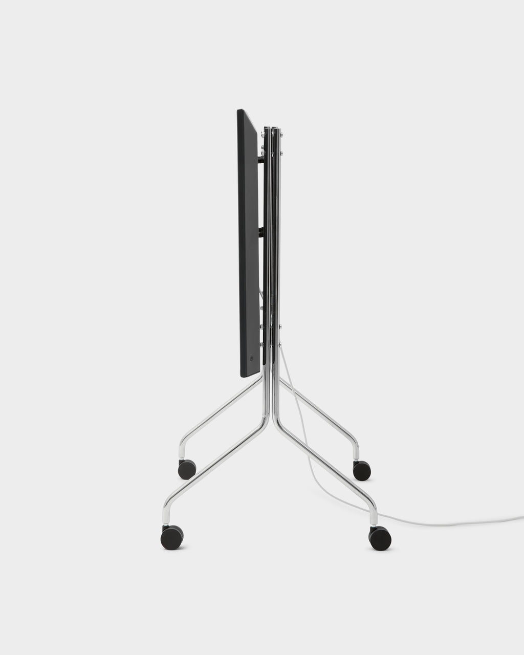 Moon in Chrome rolling TV stand folded flat, side profile studio packshot showing wheels and trailing white cable