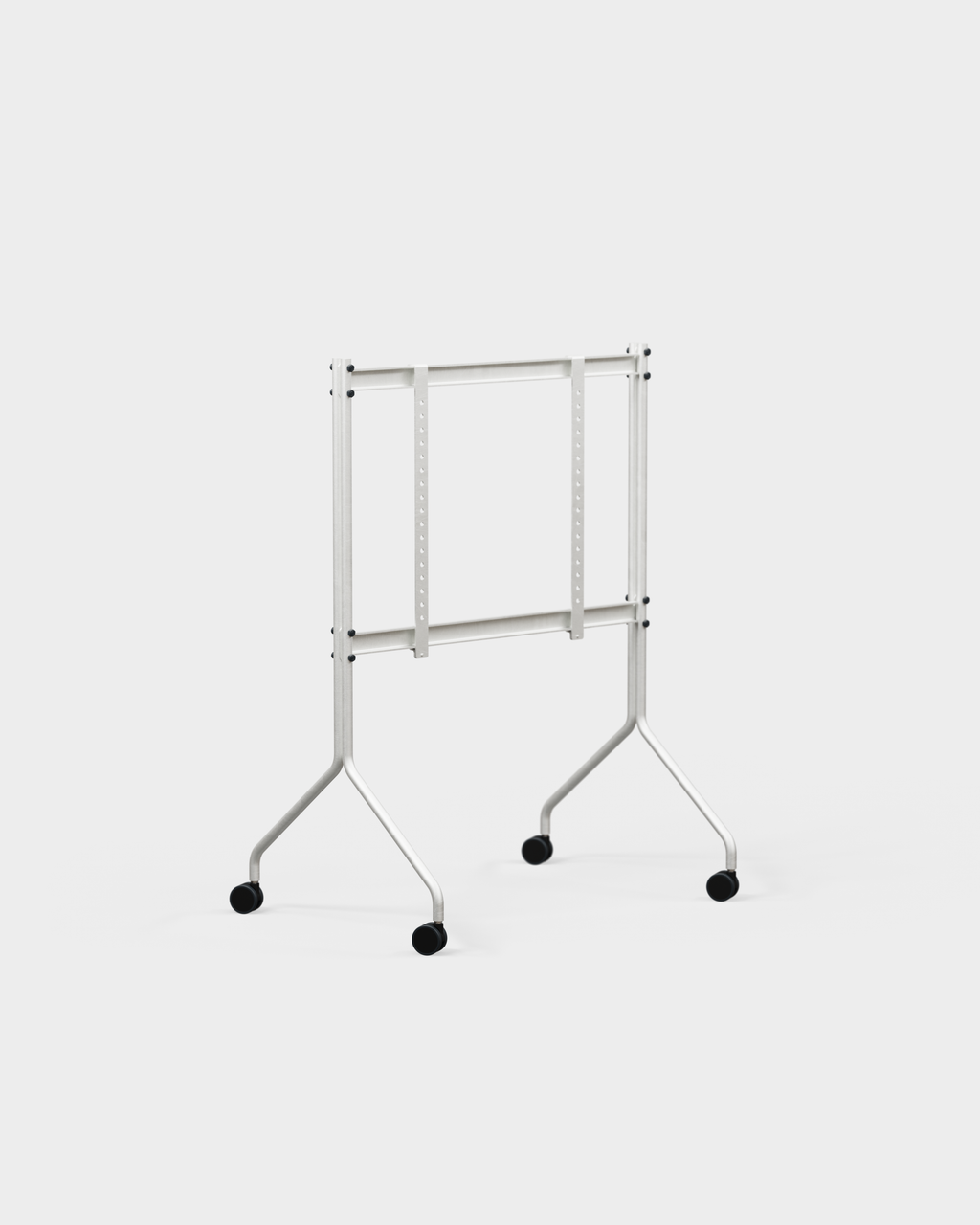 Moon in Cloudy Silver rolling TV stand shown at an angle in a studio packshot, bare frame with black caster wheels