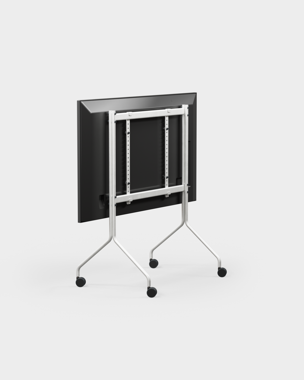 Moon in Cloudy Silver rolling stand folded flat in studio packshot, rear angle showing mount bracket and casters