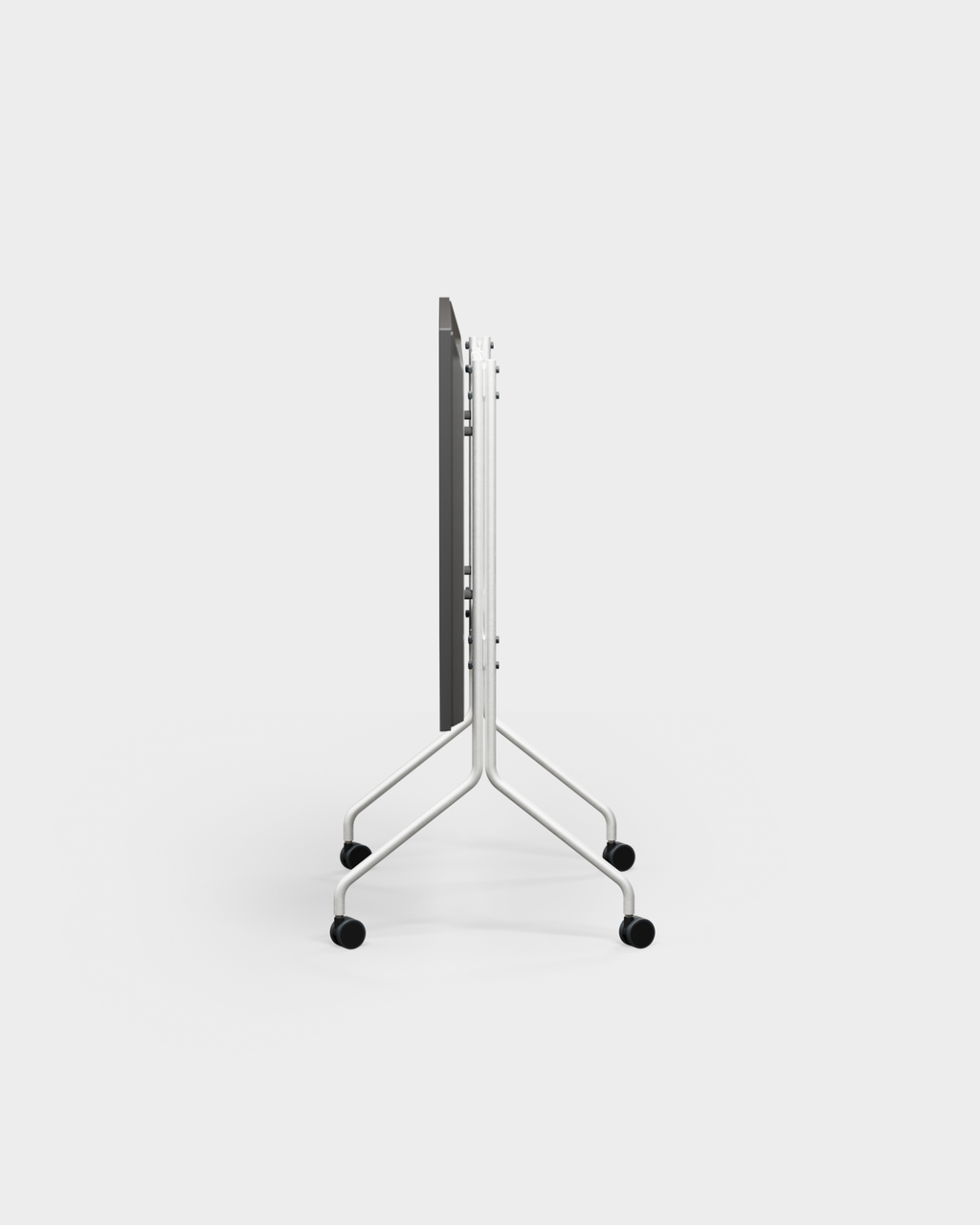 Moon in Cloudy Silver stand with wheels folded flat, side view studio packshot showing white tubular legs and casters