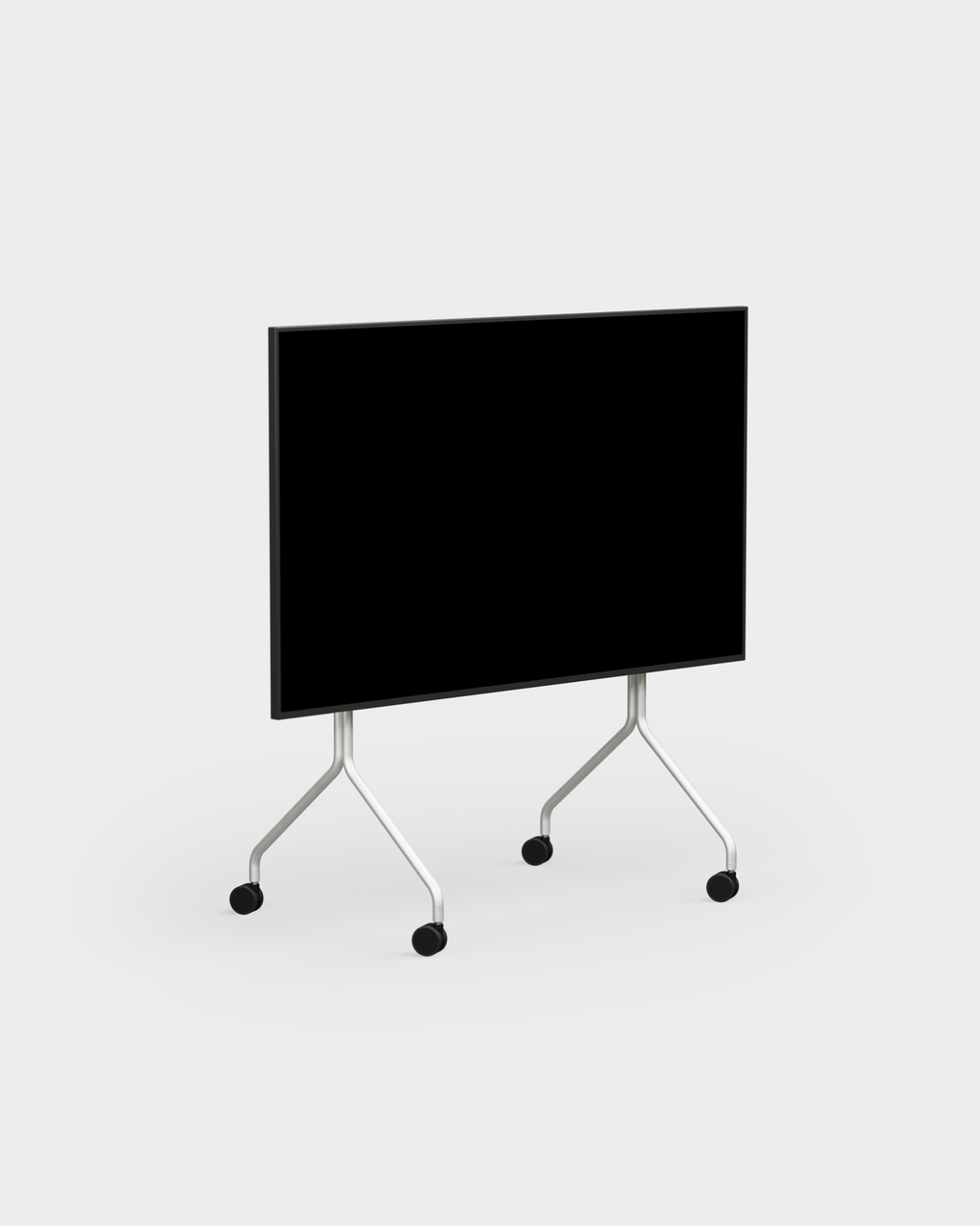 Moon in Cloudy Silver rolling TV stand with wheels, studio packshot at an angle with mounted black screen display