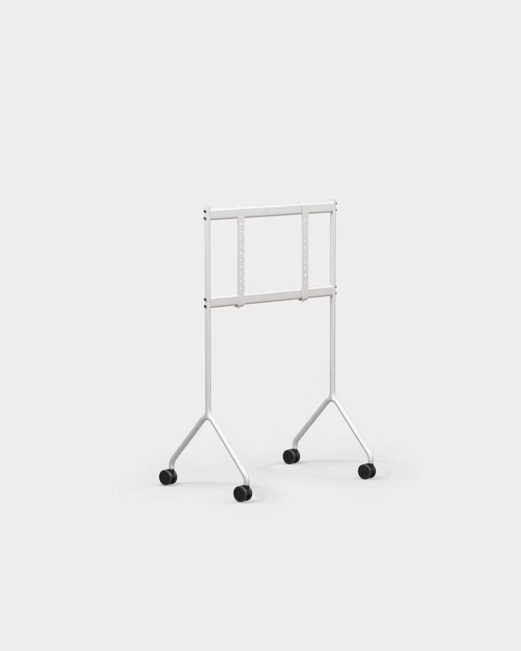 Moon Light in Cloudy Silver mobile TV stand, angled studio view showing V-shaped legs, locking casters and bare mount
