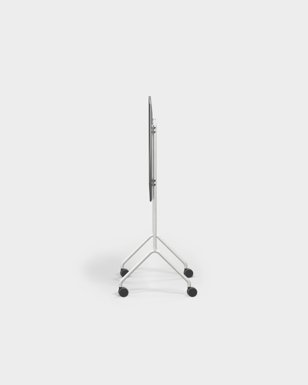 Side profile studio packshot of Moon Light in Cloudy Silver mobile stand, showing slim folded panel and four-wheel base