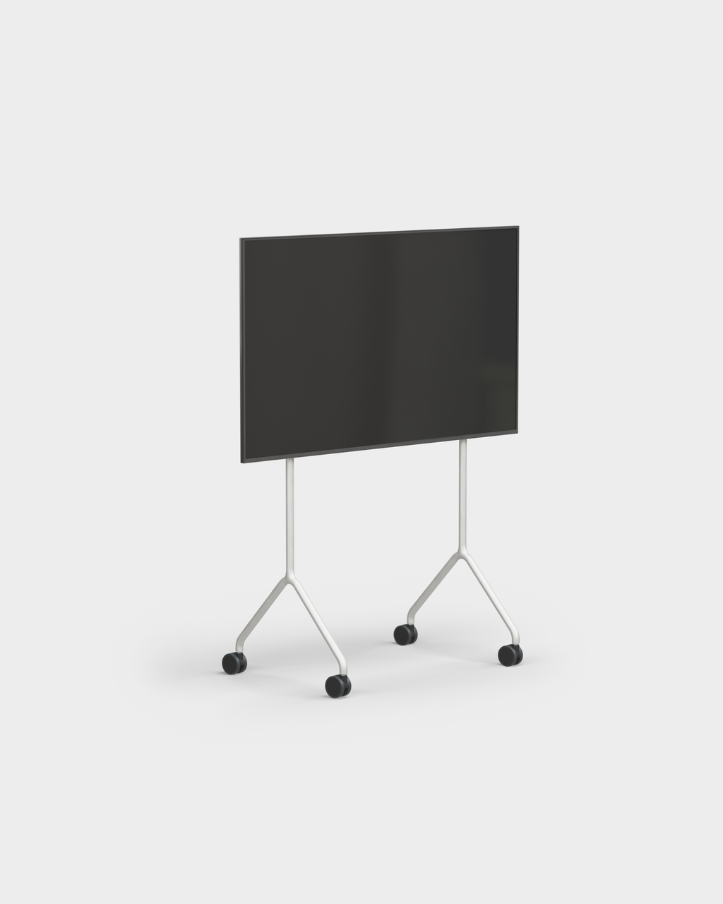 Moon Light in Cloudy Silver mobile TV stand with wheels, studio packshot at an angle with mounted flat screen display