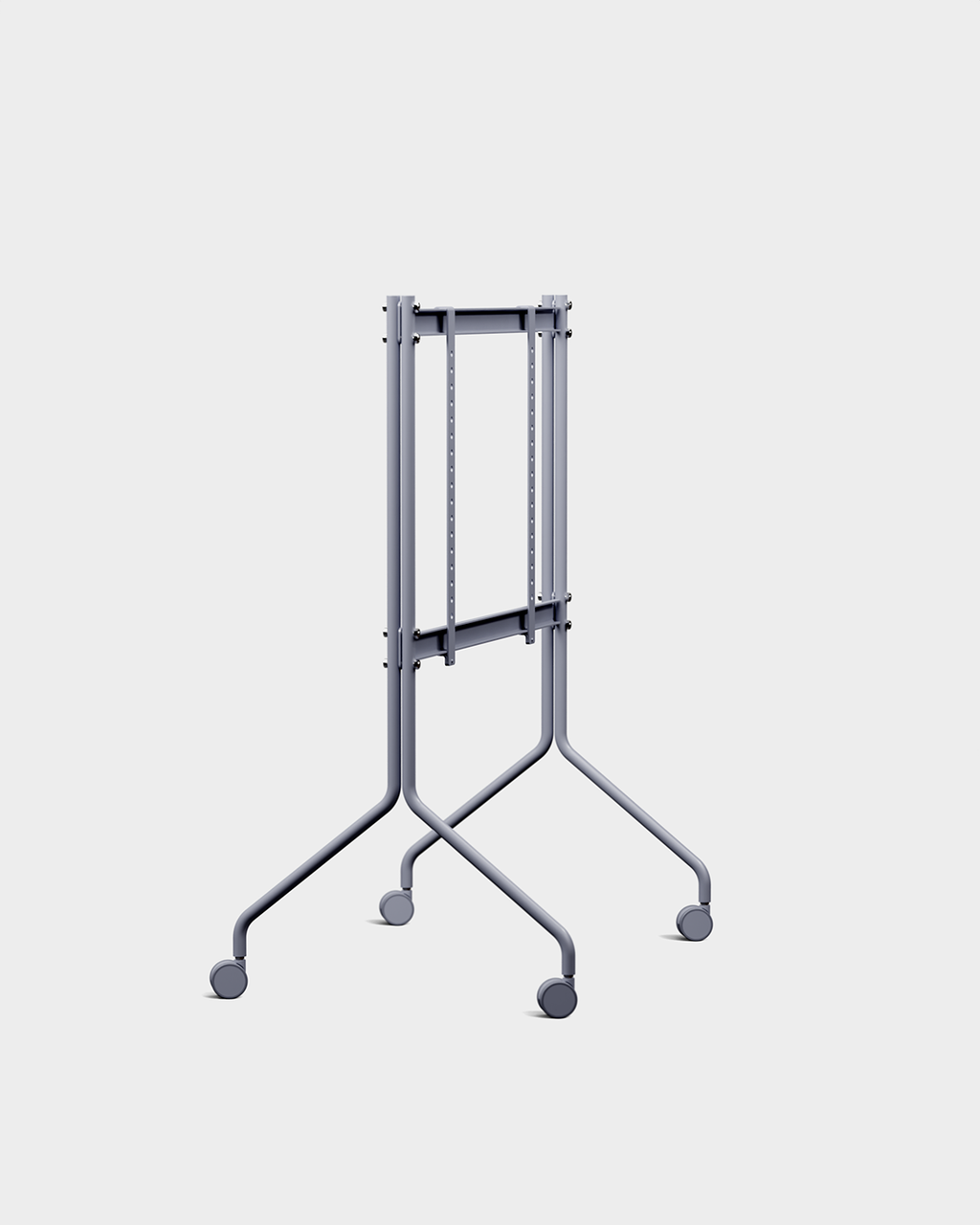 Moon stand with wheels in Ash Gray holding a black display, angled studio packshot on a plain white background