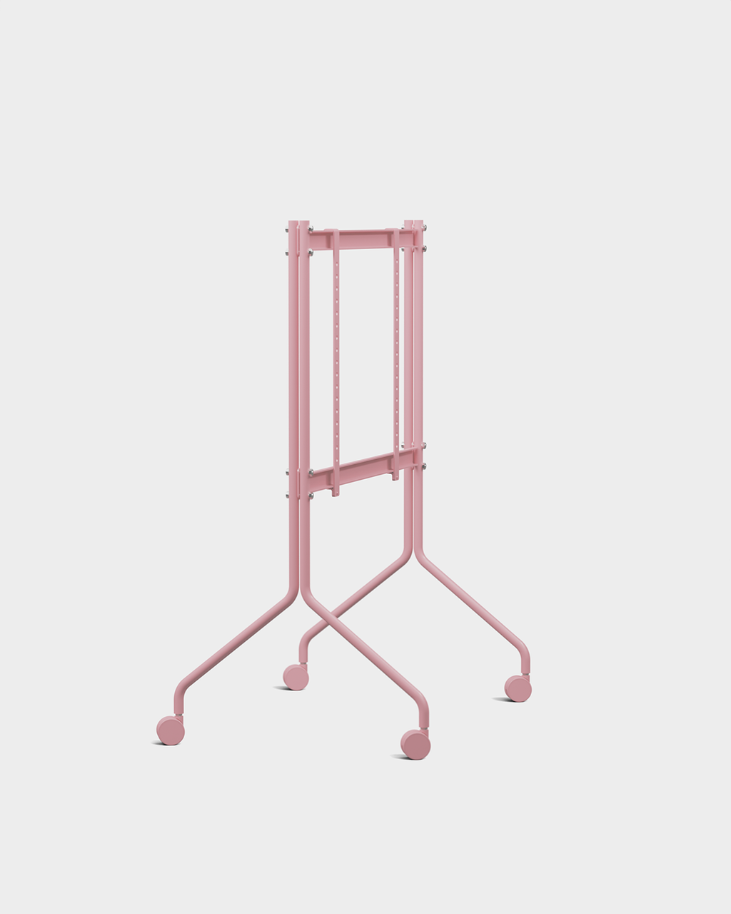 Rear view of the Moon TV stand in Bubble Gum pink on wheels, holding a mounted flat-screen, studio packshot