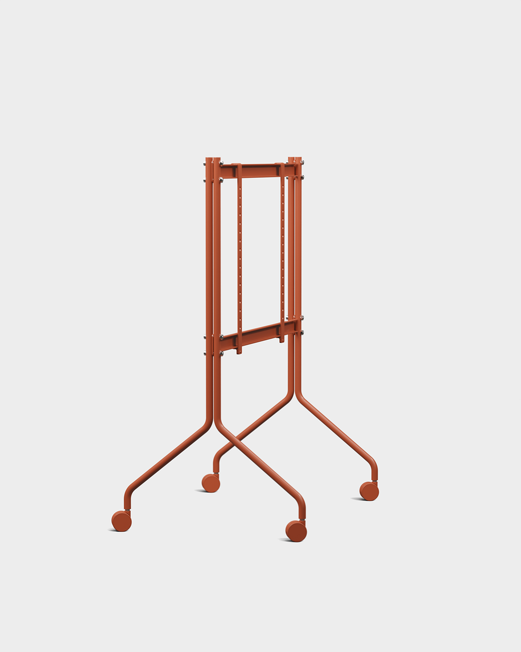 Moon TV stand in Burnin' Red, folded flat upright on four casters, studio packshot at a three-quarter angle