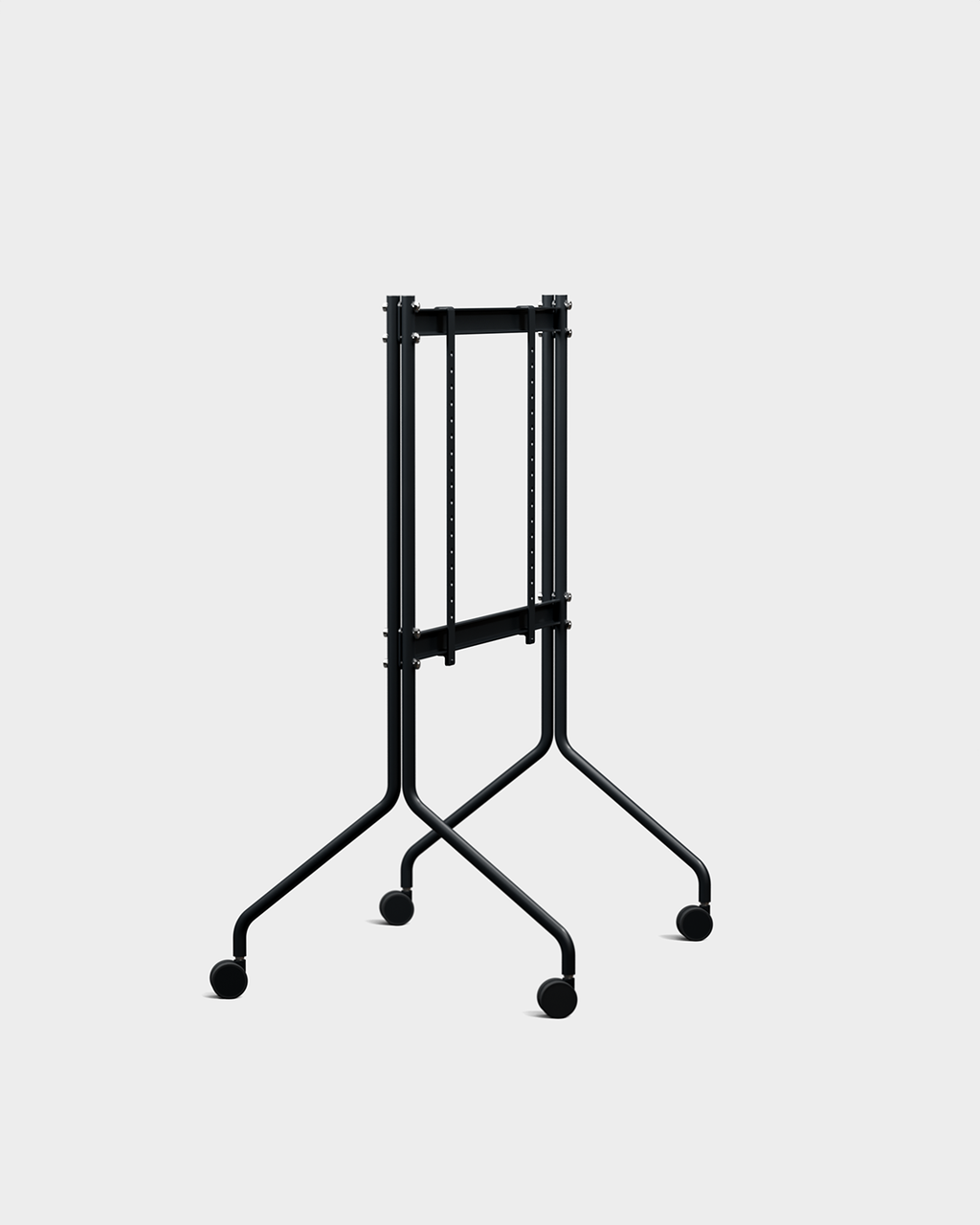 Moon in Charcoal mobile TV stand with wheels, studio packshot at three-quarter angle with black display screen mounted