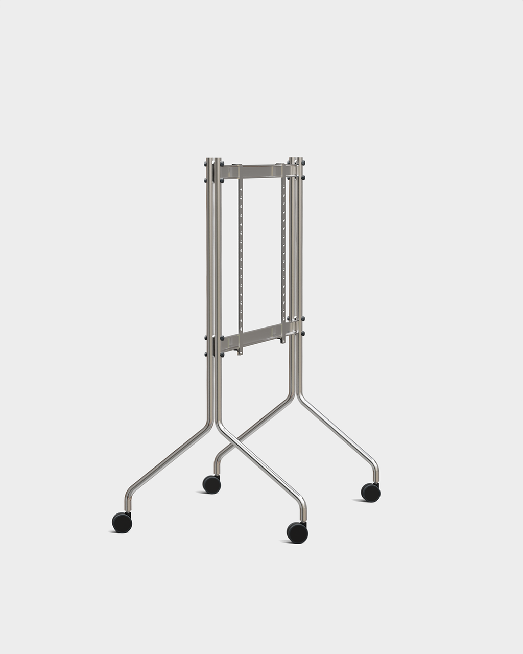 Moon in Chrome rolling TV stand with wheels holding a flatscreen in a bright wood-floored bedroom doorway