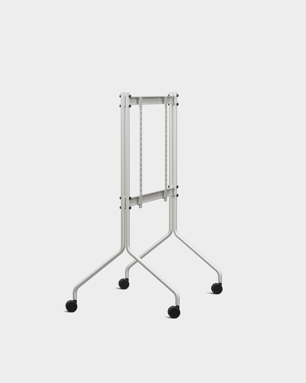 Moon in Cloudy Silver rolling TV stand with wheels, studio packshot at an angle with mounted black screen display