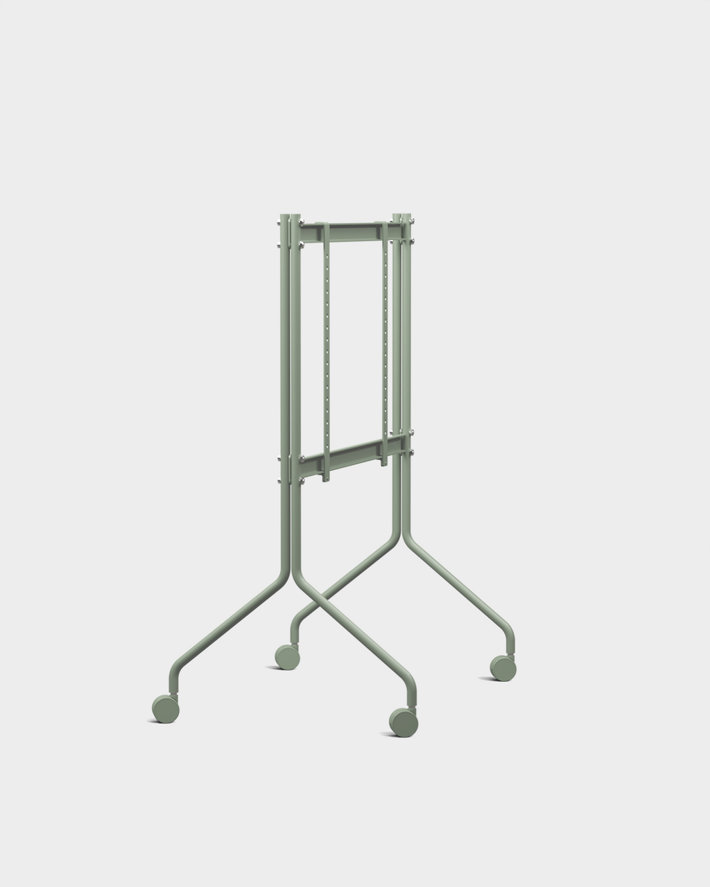 Moon in Mossy Green rolling TV stand shown at an angle in a studio packshot with mounted display and lockable wheels