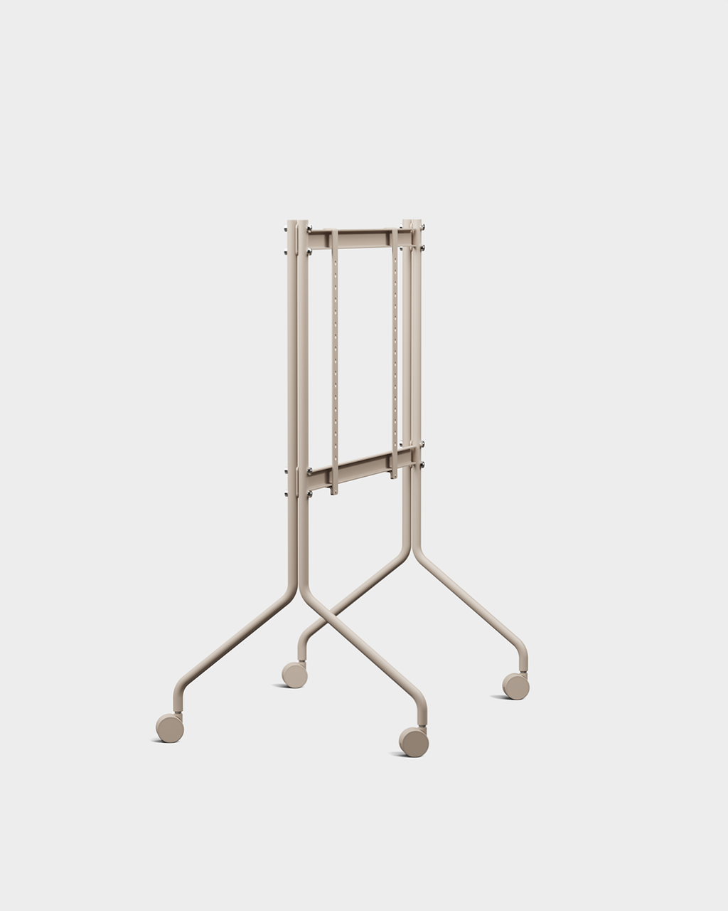 Moon in Oat rolling stand with folded-flat dark tabletop tilted upright, studio packshot angled view showing four casters