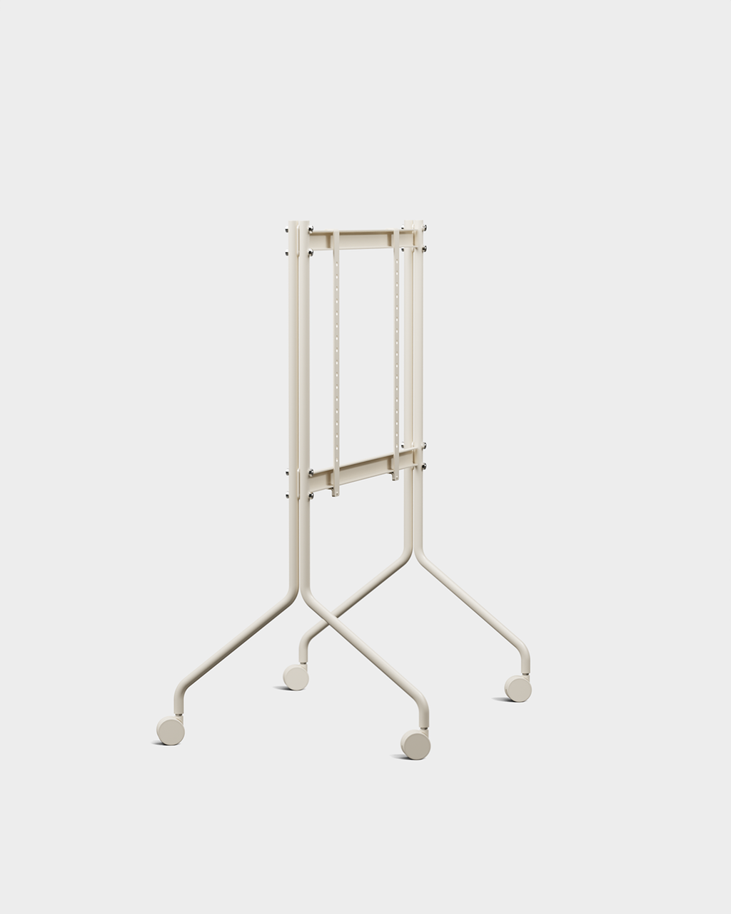 Moon in Pearl rolling TV stand at an angle in a studio packshot, black screen on pearl legs with casters