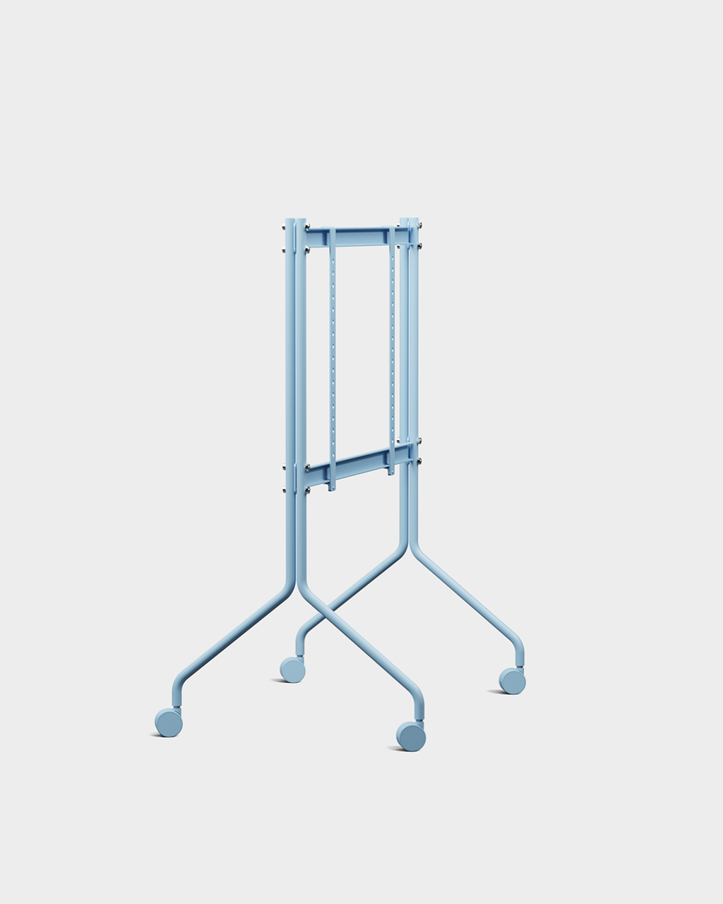 Moon stand in Powder Blue with wheels, shown at an angle in a studio packshot holding a folded black tabletop