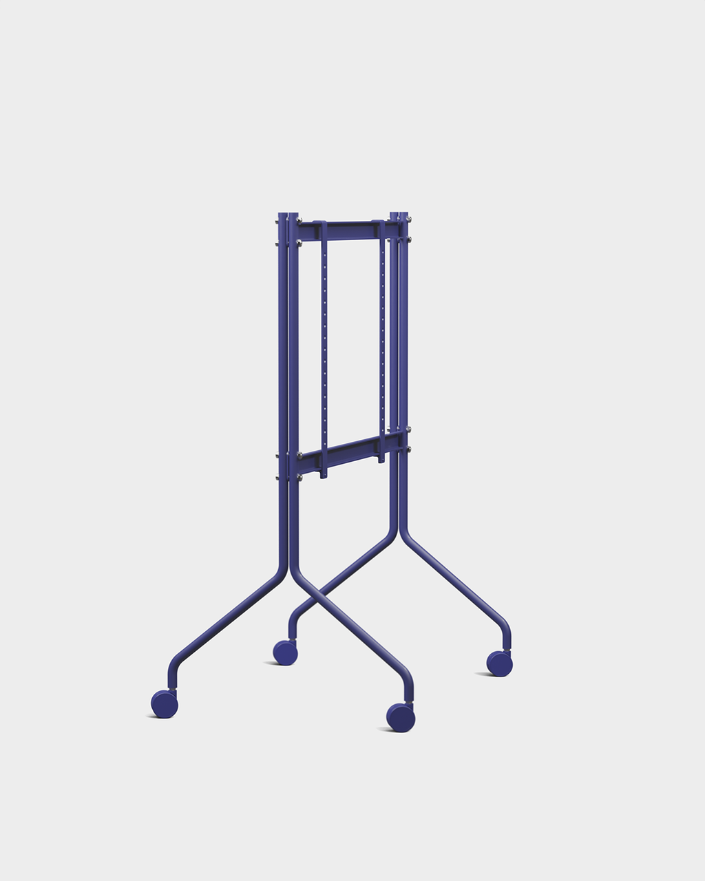 Moon in Ultra Marine rolling TV stand at an angle in a studio, blue wishbone legs and casters holding a large screen