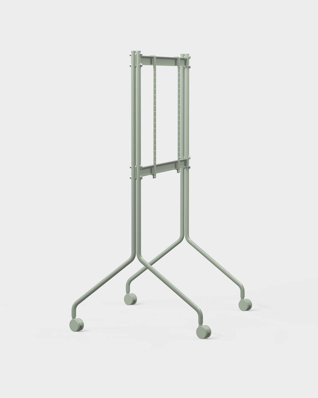 Moon Tall TV stand in Mossy Green shown at an angle in a studio, holding a flatscreen TV on slim wheeled legs