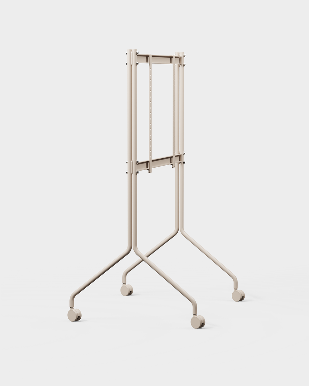Moon Tall stand in Oat shown at an angle in studio, holding a large flat-screen TV on slim wheeled legs