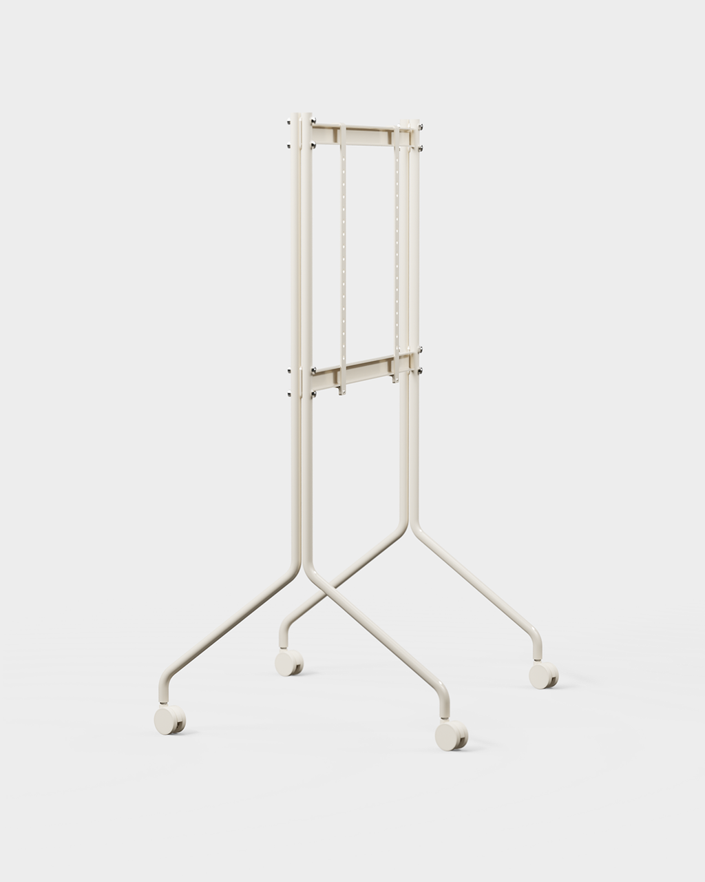 Moon Tall TV stand in Pearl on wheels, angled studio view with mounted flat-screen TV