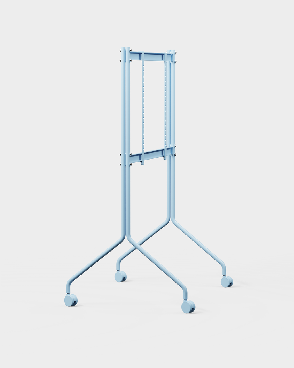 Moon Tall mobile TV stand in Powder Blue, angled studio view with mounted flat screen and swivel wheels