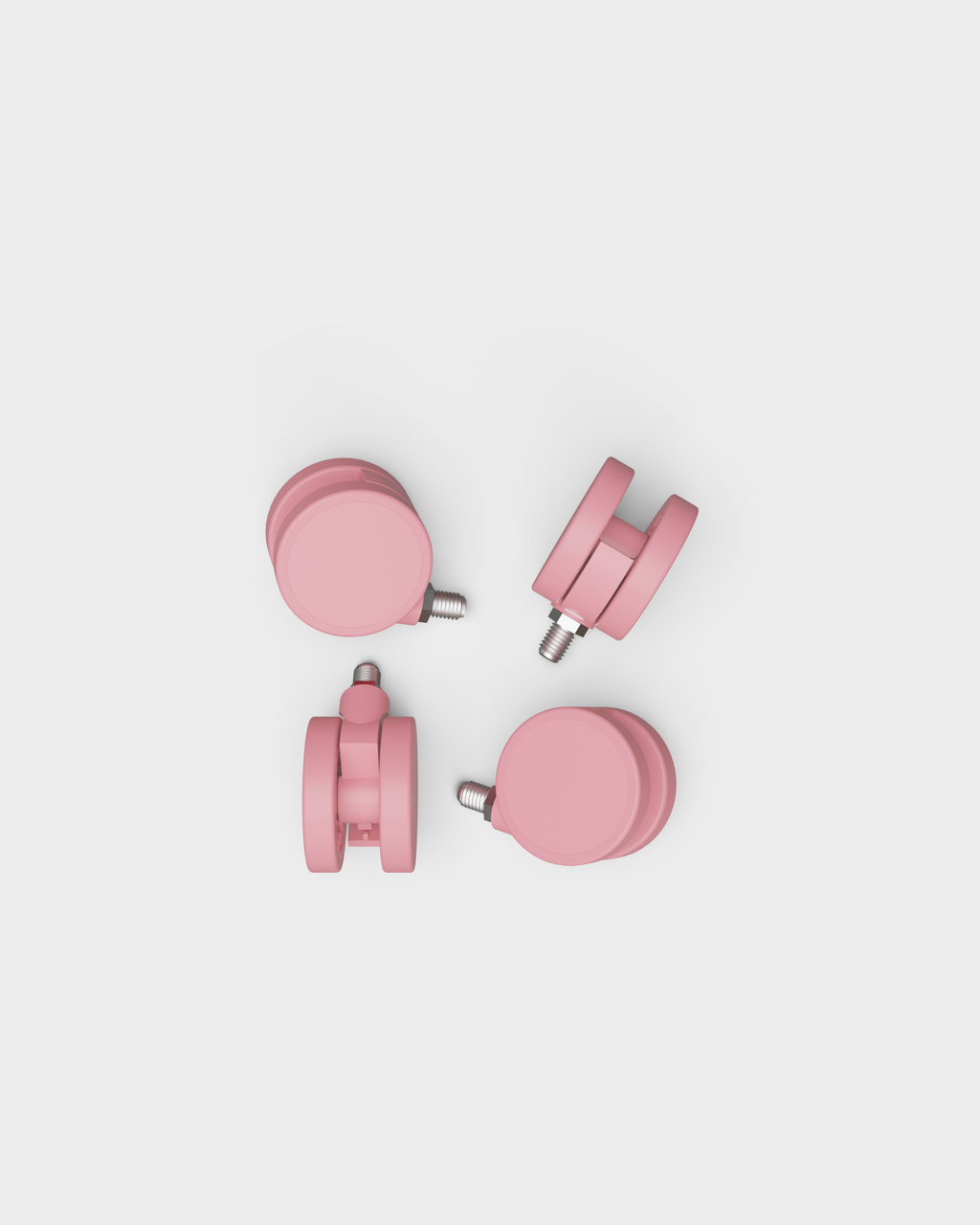 Set of four Wheels in Bubble Gum arranged in a circle on a light studio background, showing threaded steel stems