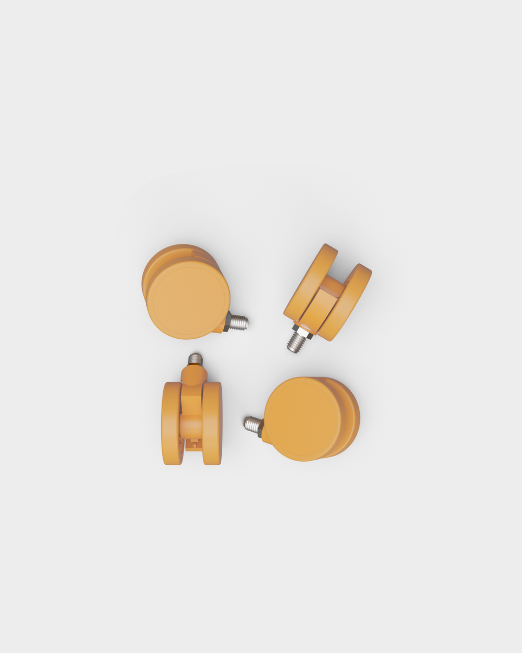 Set of four Wheels in Apricot arranged in a circle on a light studio background, showing threaded metal stems