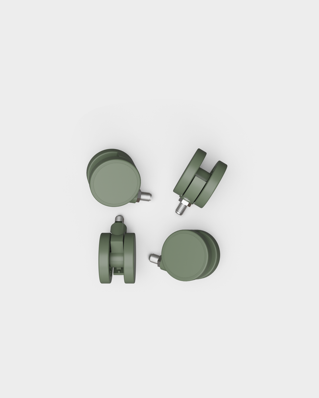 Set of four Wheels in Mossy Green shown from multiple angles in a studio packshot, threaded steel bolts visible