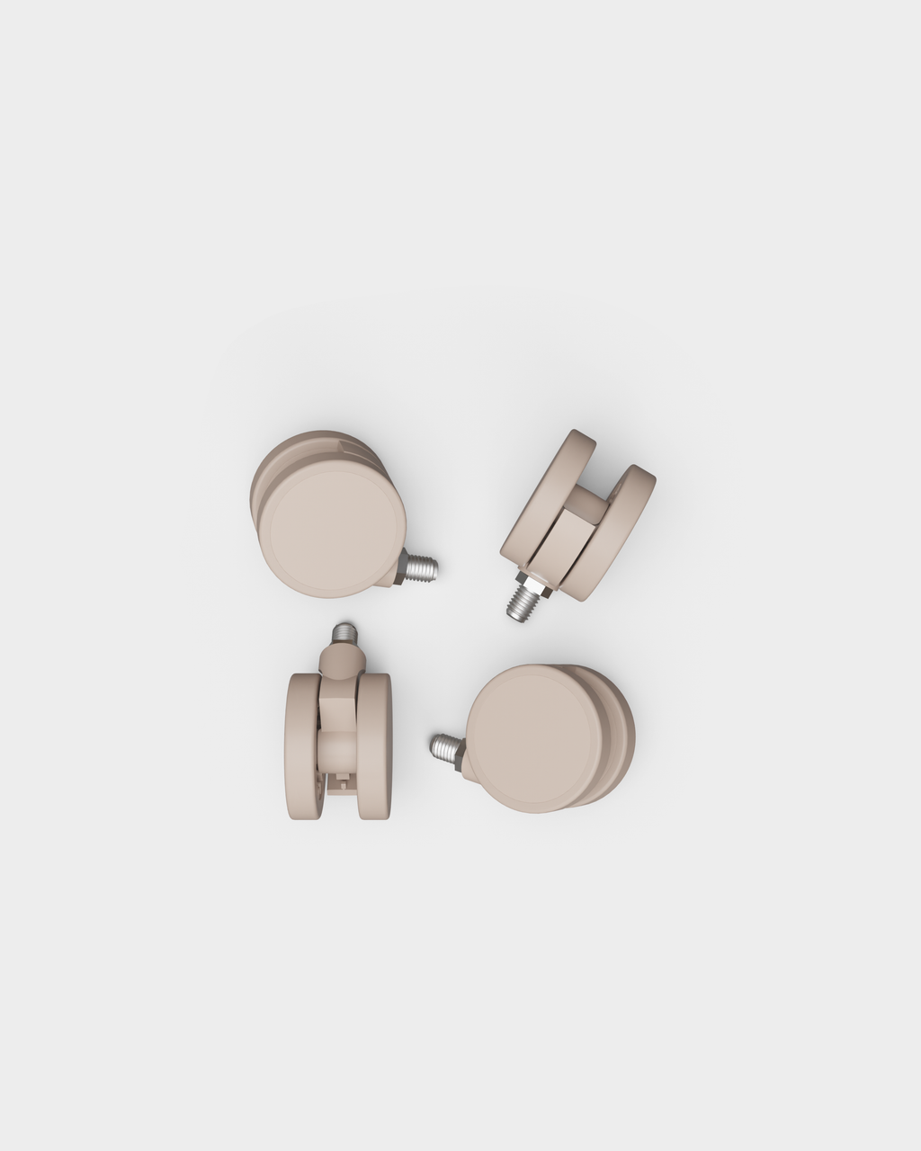 Set of four Wheels in Oat shown from multiple angles in a studio packshot, with threaded metal stems visible