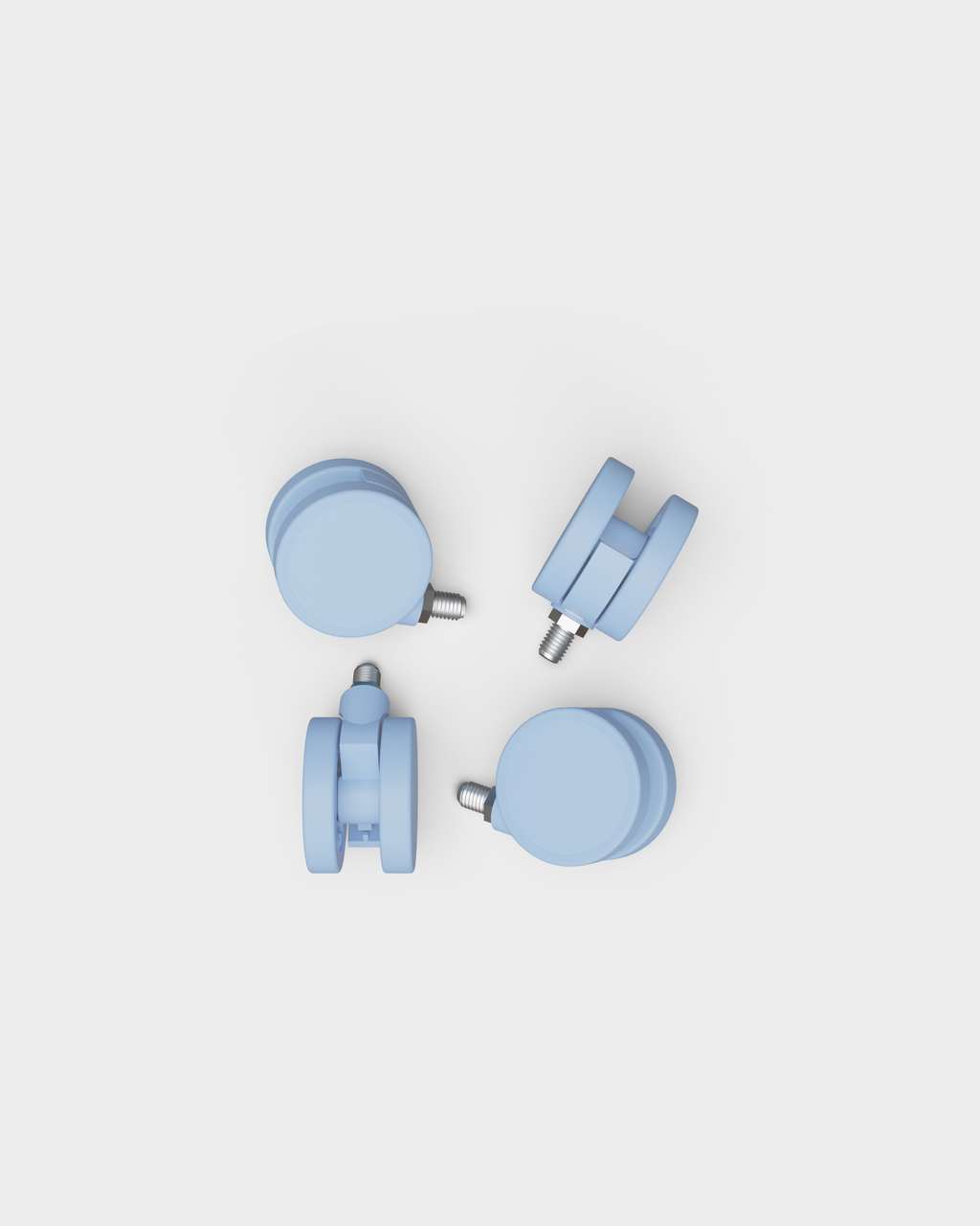 Four Wheels in Powder Blue casters with threaded steel stems, studio packshot arranged at varied angles on light gray