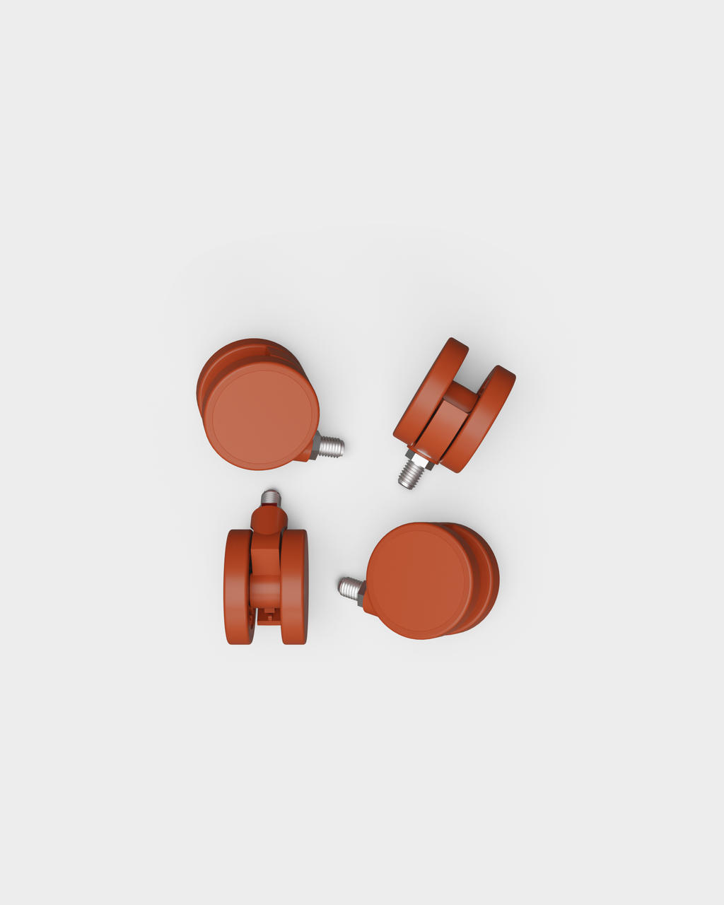 Set of four Wheels in Burnin' Red arranged in a circle on a light studio background, threaded steel stems visible
