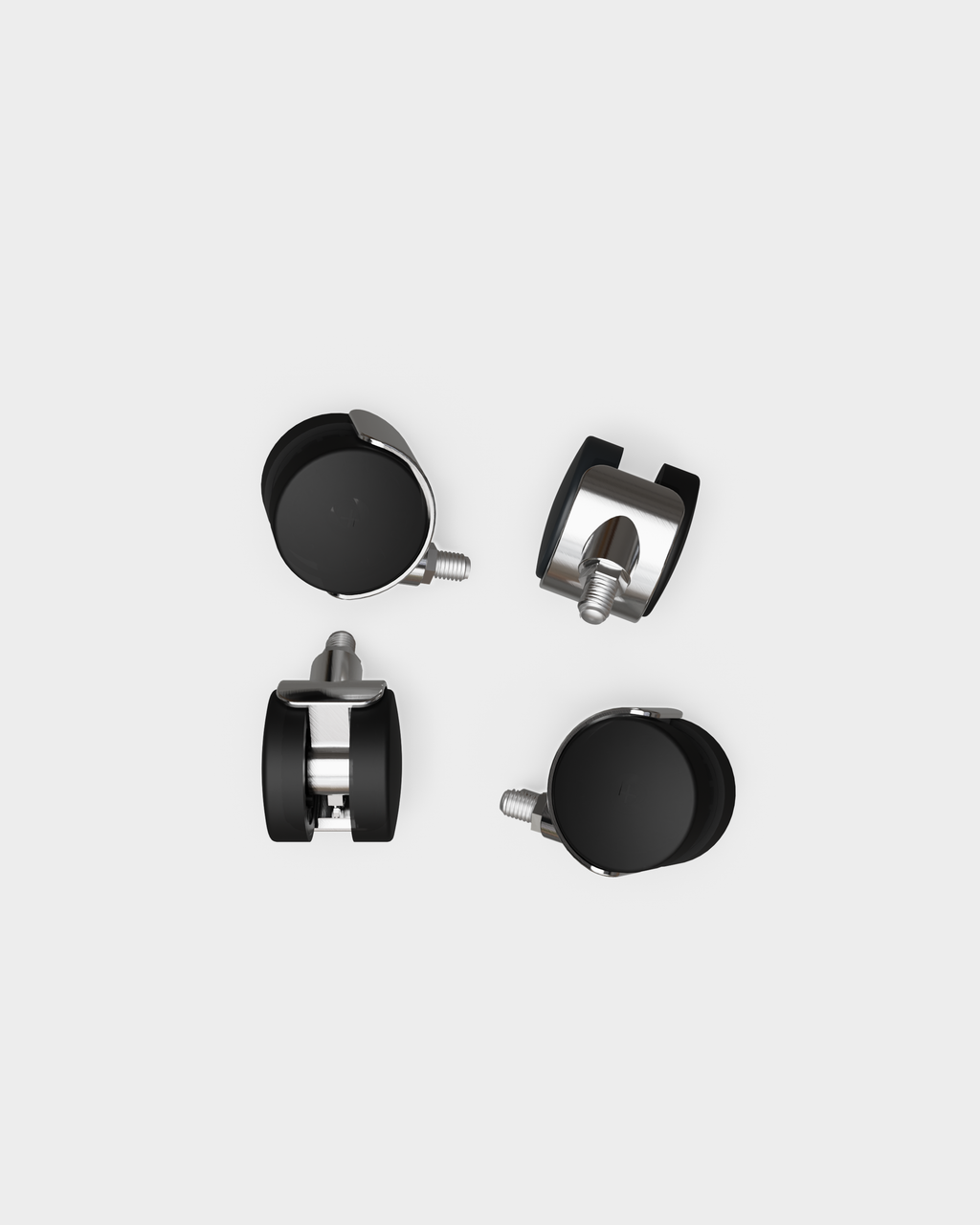 Set of four Wheels in Chrome studio packshot, black casters with chrome forks and threaded stems shown from varied angles